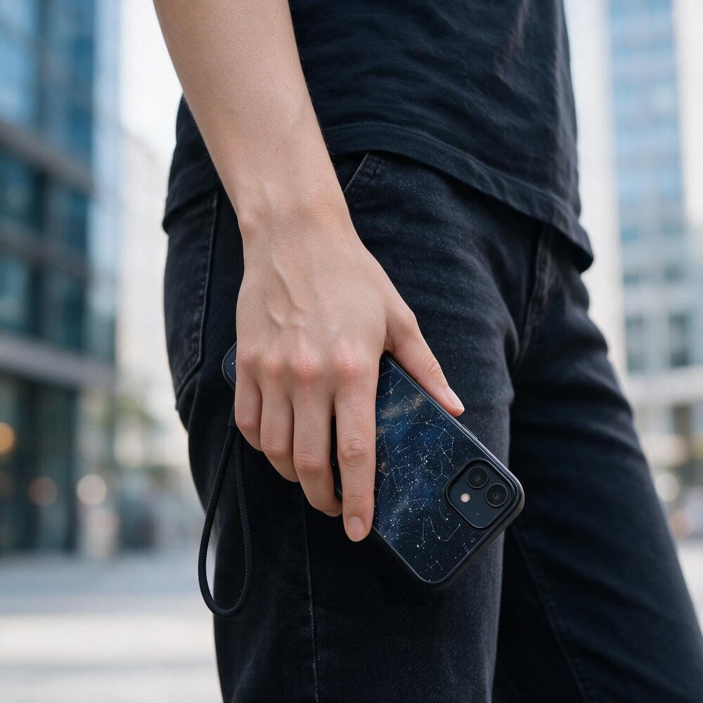 Kryt na telefon s hvězdnou mapou držený v ruce
