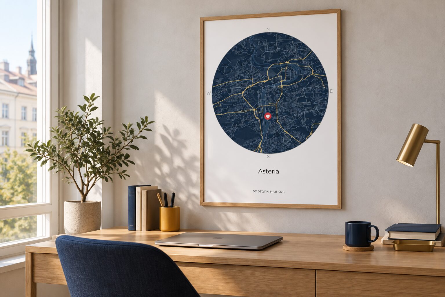 Zarámovaná mapa místa nad stolem v domácí pracovně